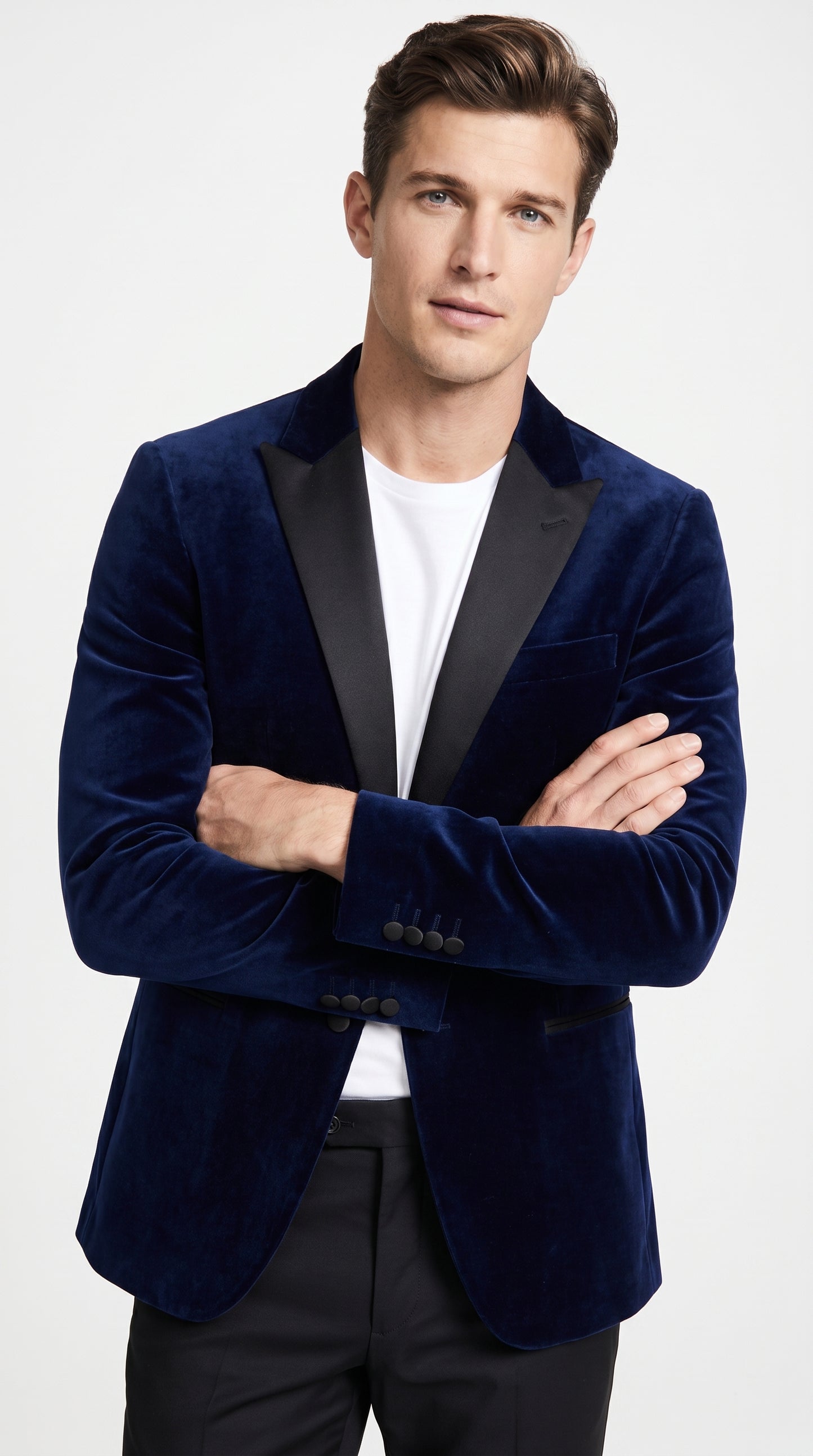 Men’s Navy Blue Velvet Tuxedo Jacket with Black Satin Lapel, Formal Sport Coat Dinner Blazer