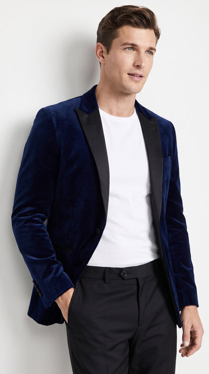 Men’s Navy Blue Velvet Tuxedo Jacket with Black Satin Lapel, Formal Sport Coat Dinner Blazer