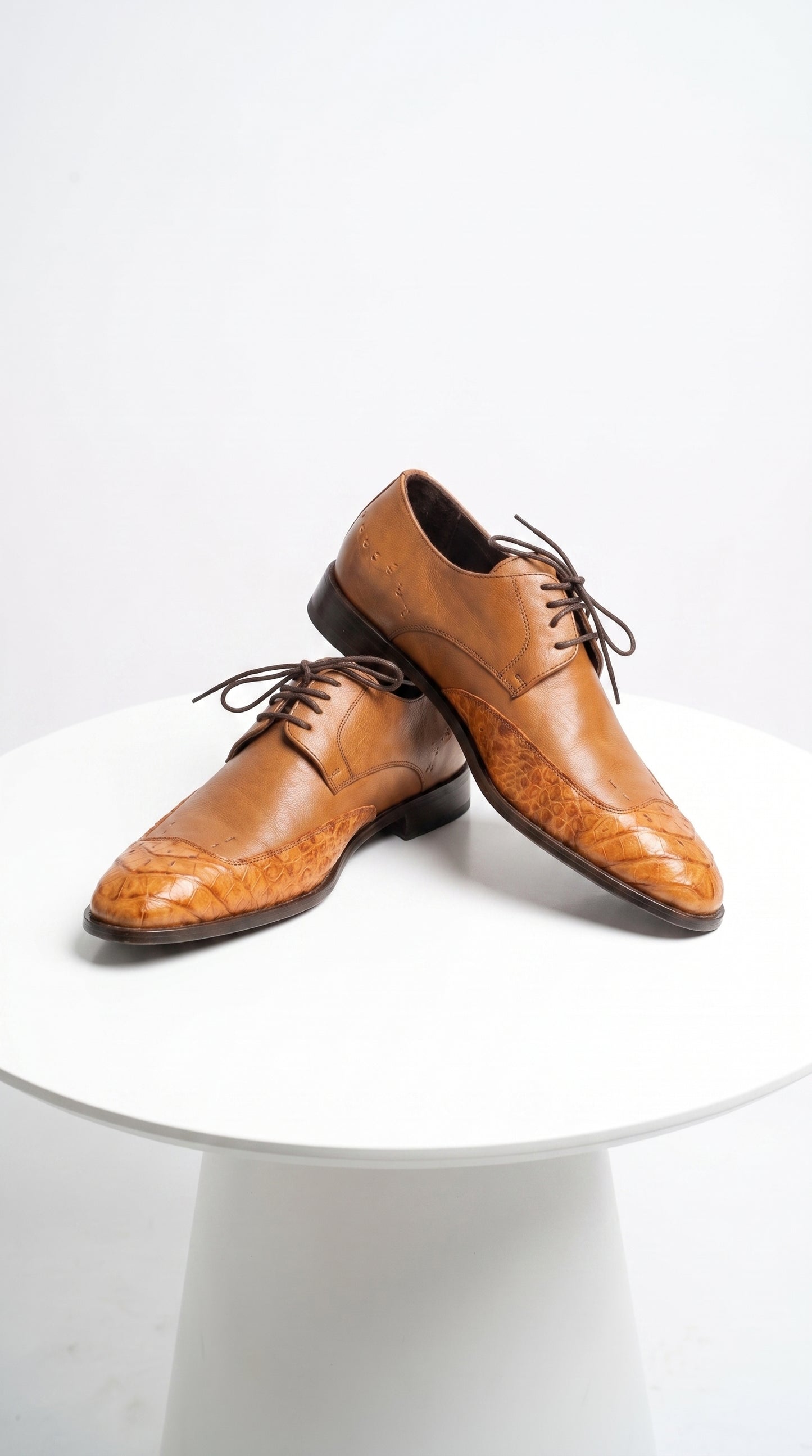 Vestigium Men’s Cognac Genuine Caiman Belly Derby Shoes, Exotic Lace-Up Formal Dress Shoes