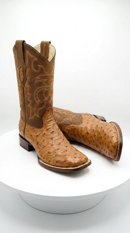 Los Altos Men’s Amber Ostrich Skin Wide Square Toe Boots, Exotic Western Cowboy Dress Boots