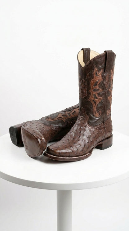 Men’s Brown Square Toe Ostrich Boots, Exotic Western Cowboy Dress Boots