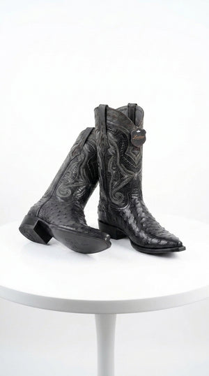 Los Altos Men’s Black Ostrich Pointed Toe Cowboy Boots, 1.5 Inch Walking Heel Botas De Avestruz