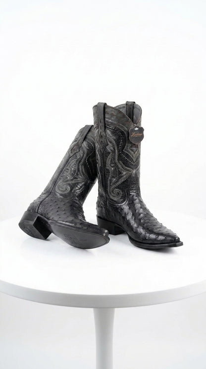 Los Altos Men’s Black Ostrich Pointed Toe Cowboy Boots, 1.5 Inch Walking Heel Botas De Avestruz