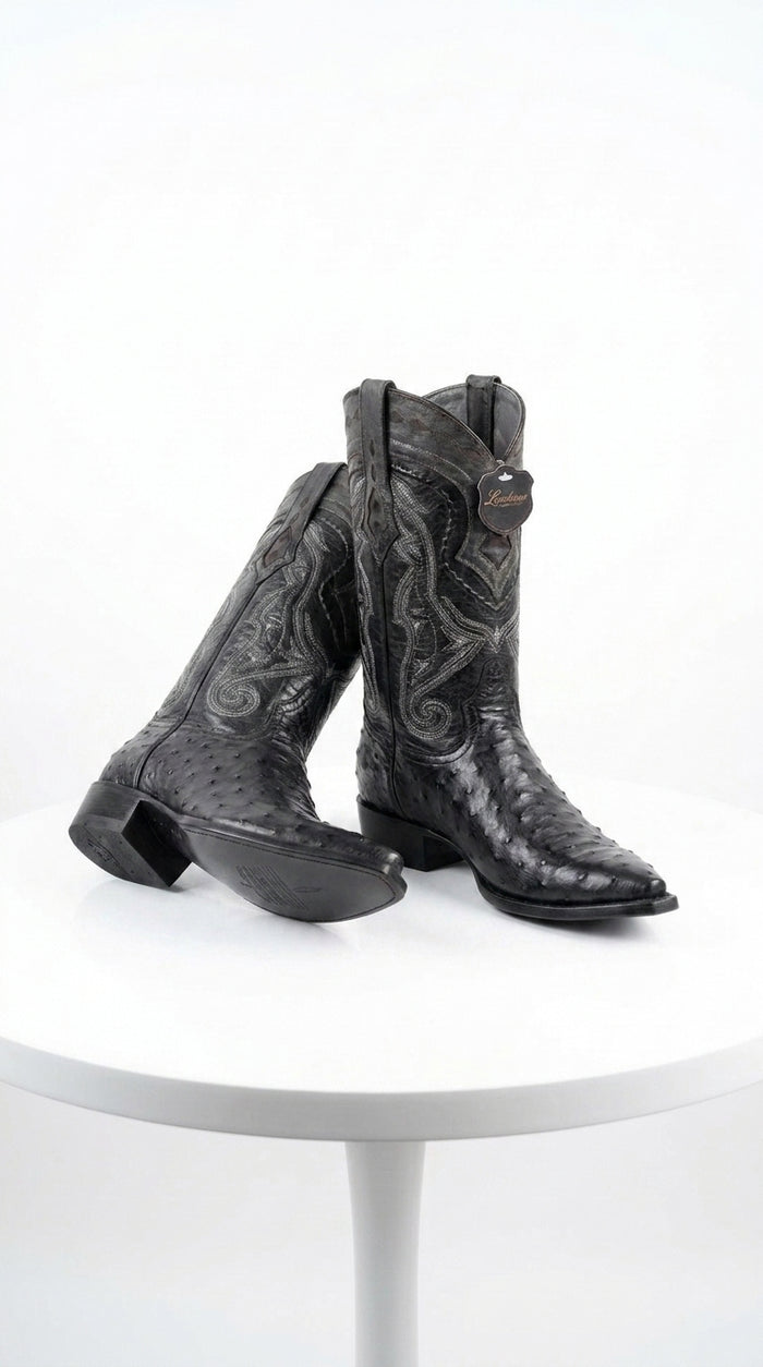 Los Altos Men’s Black Ostrich Pointed Toe Cowboy Boots, 1.5 Inch Walking Heel Botas De Avestruz
