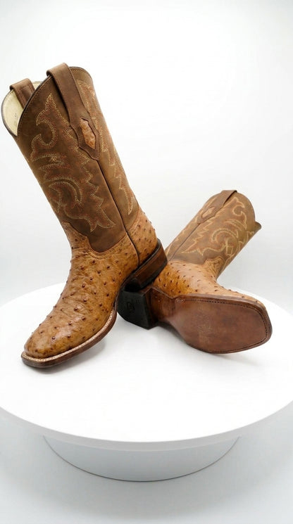 Los Altos Men’s Amber Ostrich Skin Wide Square Toe Boots, Exotic Western Cowboy Dress Boots