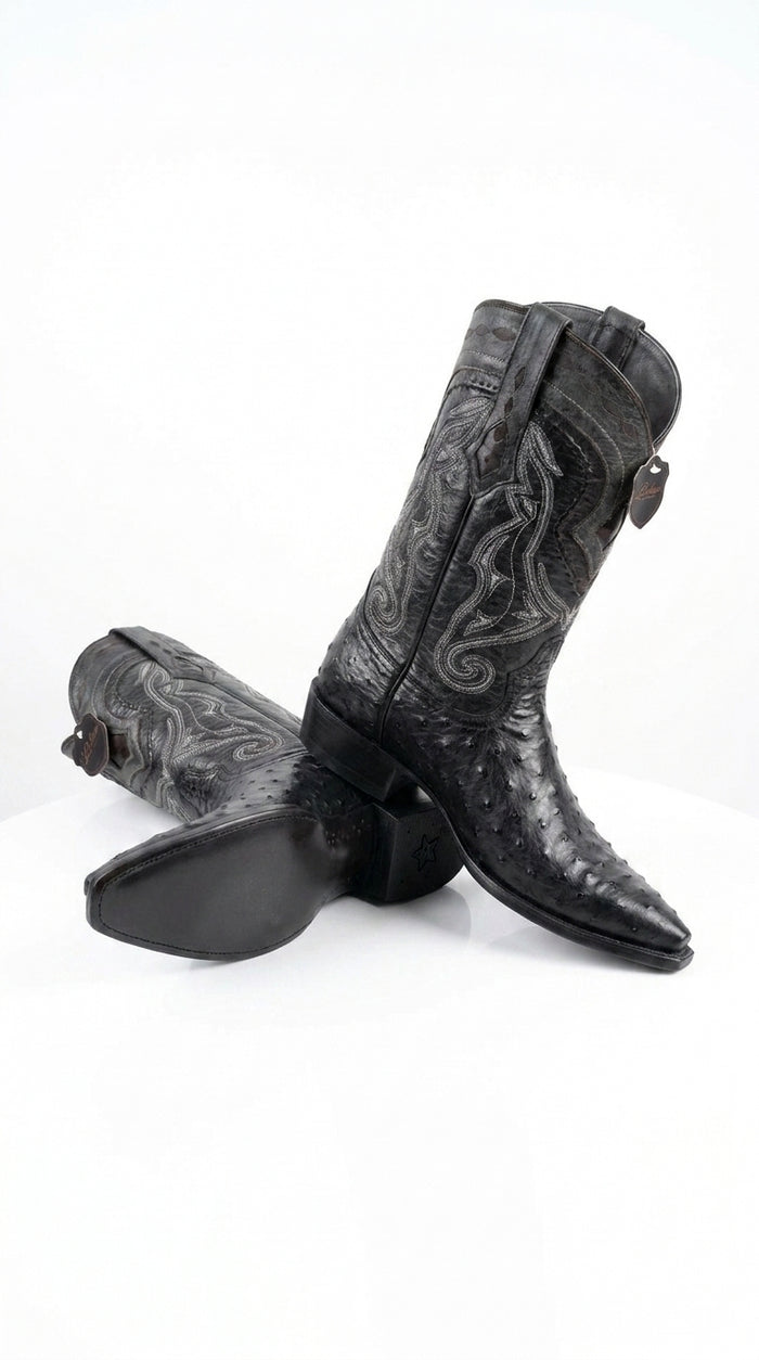 Los Altos Men’s Black Ostrich Pointed Toe Cowboy Boots, 1.5 Inch Walking Heel Botas De Avestruz