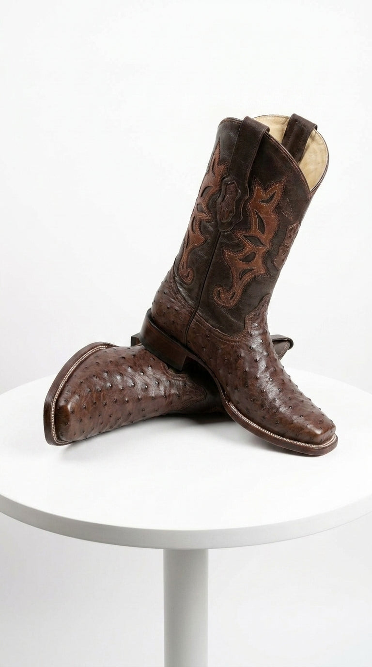 Men’s Brown Square Toe Ostrich Boots, Exotic Western Cowboy Dress Boots