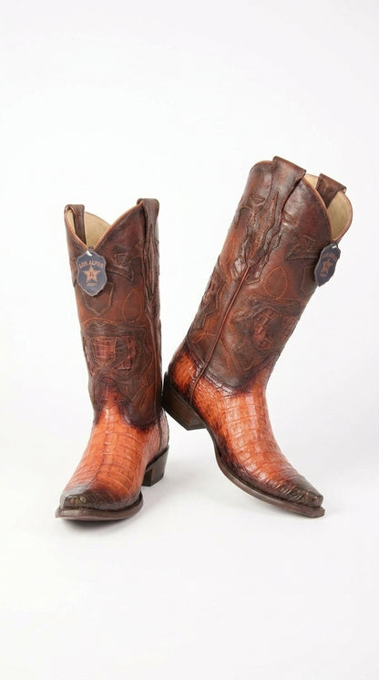 Los Altos Men’s Faded Cognac Caiman Snip Toe Cowboy Boots, Exotic Western Dress Boots