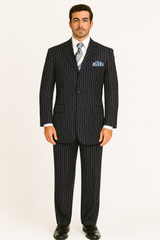 Men'S 1920'S 30'S Fashion Look Available In 2 Or Three ~ 3 Buttons Vested Pinstripes ~ Stripe 3 Piece Suit With Vest Bold Chalk Stripe Black/White