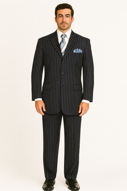 Men'S 1920'S 30'S Fashion Look Available In 2 Or Three ~ 3 Buttons Vested Pinstripes ~ Stripe 3 Piece Suit With Vest Bold Chalk Stripe Black/White