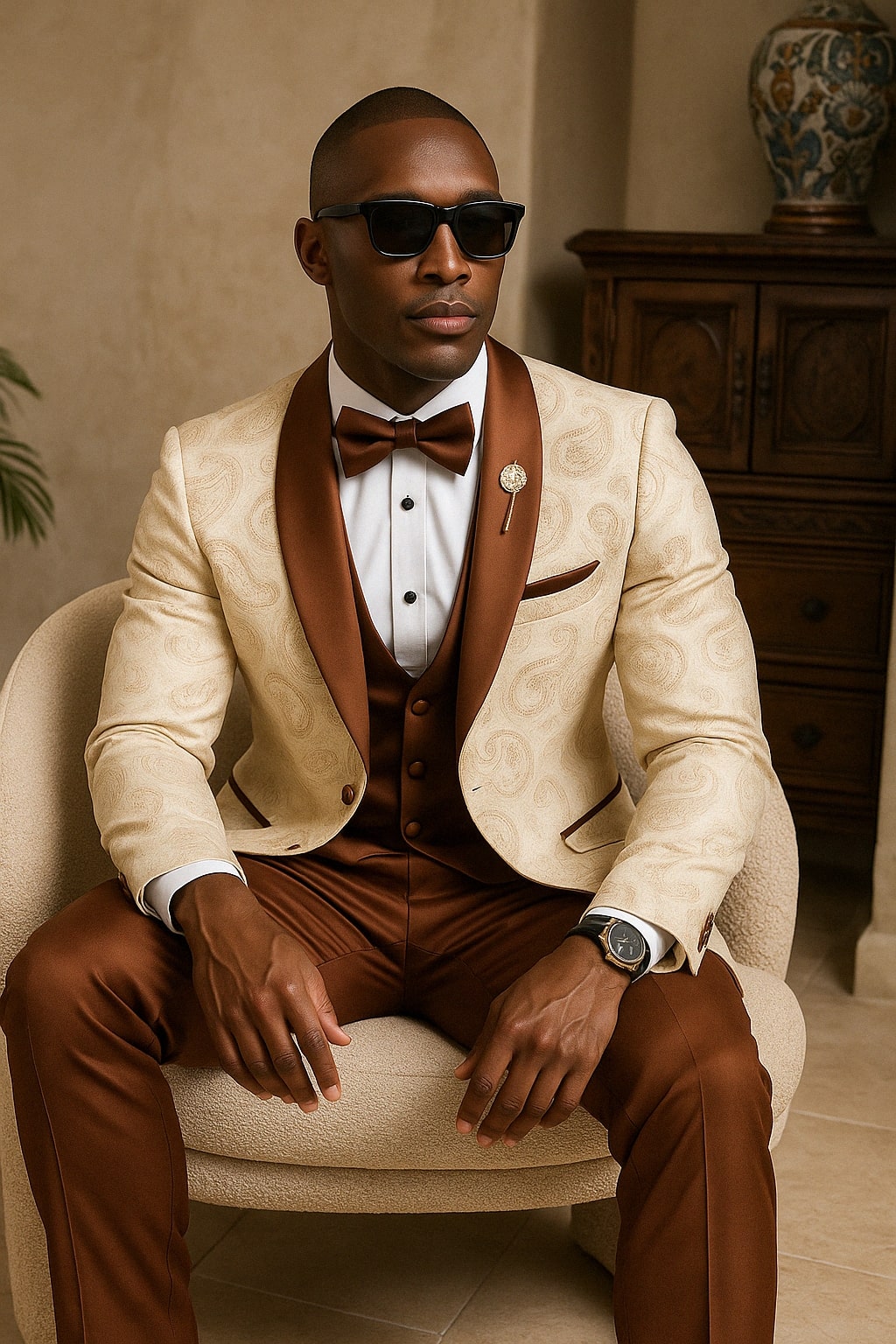 Mens Champagne Paisley Tuxedo with Brown Satin Lapel and Pants – Formal Wedding Suit with Chain Brooch - Image 3