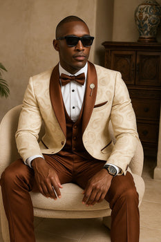 Mens Champagne Paisley Tuxedo with Brown Satin Lapel and Pants – Formal Wedding Suit with Chain Brooch - Image 3
