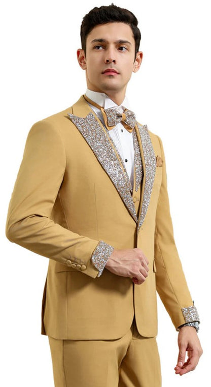 Champagne Prom Tuxedo - Perfect Wedding Suit Vested Rhinestone Lapelled