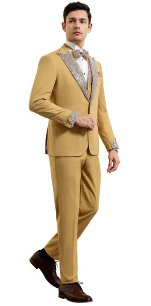 Champagne Prom Tuxedo - Perfect Wedding Suit Vested Rhinestone Lapelled