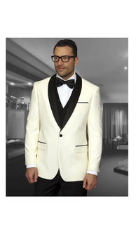 Champagne Suit Men's Cream ~ Ivory  ~ Off White Dinner Jacket 1 Button Blazer Sport Coat Black Lapel + Matching Vest & Pants As soon on the picture + Free Shirt & Bowtie