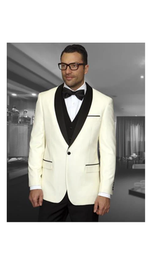 Champagne Suit Men's Cream ~ Ivory  ~ Off White Dinner Jacket 1 Button Blazer Sport Coat Black Lapel + Matching Vest & Pants As soon on the picture + Free Shirt & Bowtie
