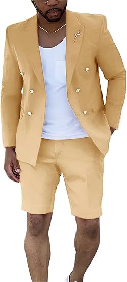 Mens Suits With Shorts - Double breasted Style Champagne With Gold Buttons