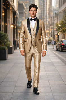 Champagne Shiny Tuxedo Vested Suit - Sateen Sharkskin Fabric Groom Suit - Image 3