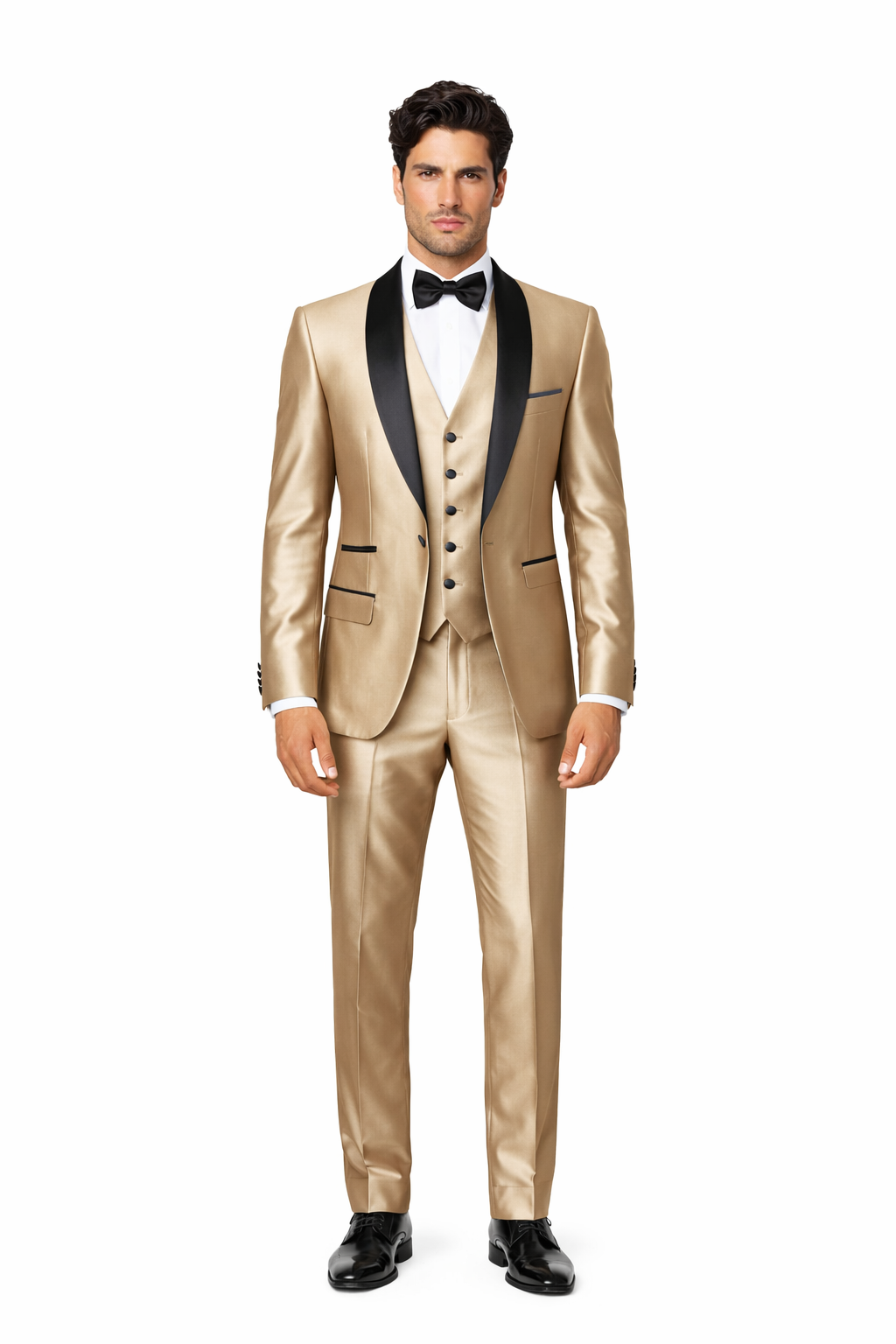 Champagne Shiny Tuxedo Vested Suit - Sateen Sharkskin Fabric Groom Sui   MensUSA