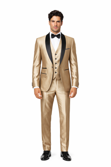Champagne Shiny Tuxedo Vested Suit - Sateen Sharkskin Fabric Groom Suit