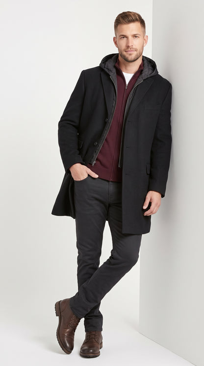 Men’s Black Hooded Overcoat, Formal Topcoat with Removable Hoodie Style
