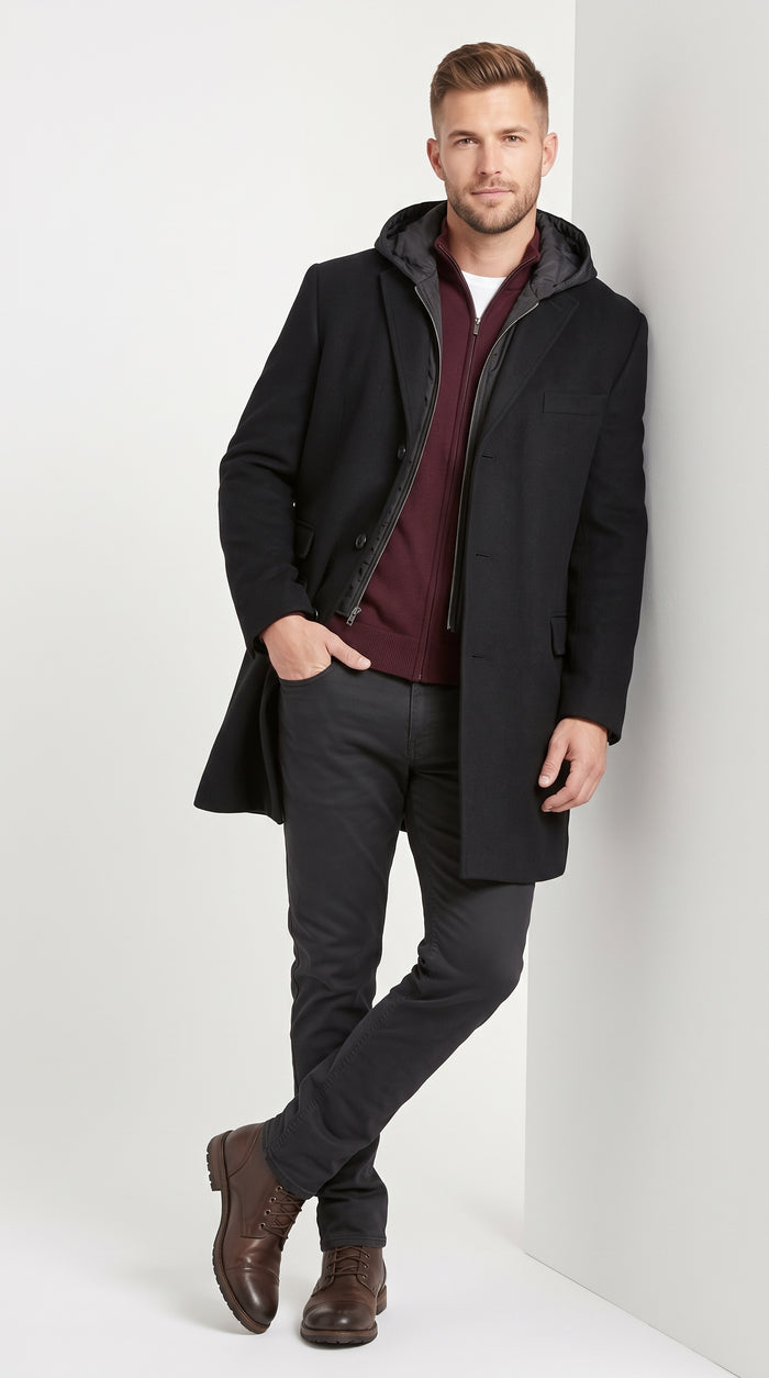 Men’s Black Hooded Overcoat, Formal Topcoat with Removable Hoodie Style