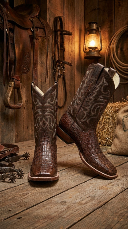 Men’s Brown Caiman Square Toe Cowboy Boots, Exotic Western Dress Boots for Rodeo and Country Wear