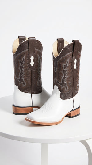 Los Altos Men’s White Ostrich Belly Leather Cowboy Boots, Wide Square Toe Western Boots with Brown Embroidered Shaft