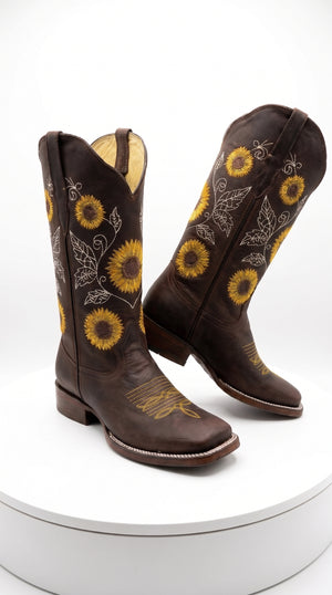 Women’s Dark Brown Sunflower Cowboy Boots, Yellow Floral Embroidered Square Toe Western Boots
