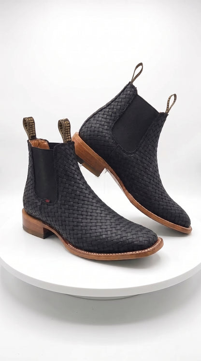 Besserro Men’s Black Petatillo Woven Leather Ankle Boots, Western Chelsea Style Square Toe Botines