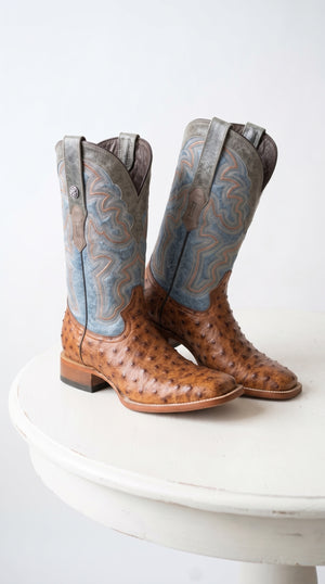 Men’s Cognac Brown Ostrich Print Cowboy Boots, Square Toe Western Boots with Blue Embroidered Shaft