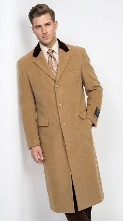 Men’s Camel Chesterfield Overcoat with Brown Velvet Collar, Full Length Cashmere Style Dress Coat