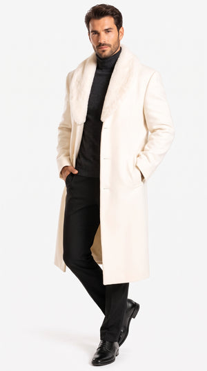 Men’s Ivory Overcoat with Fur Collar, Long Winter Dress Topcoat for Weddings, Business and Formal Events