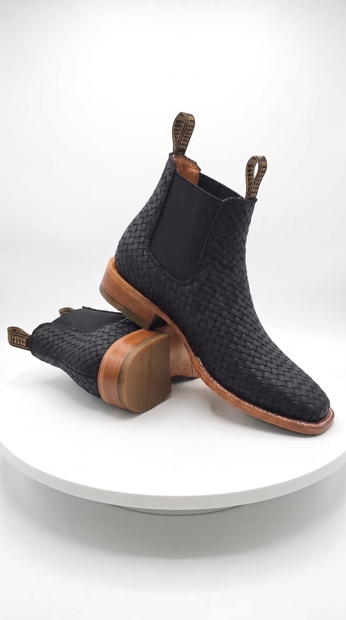 Besserro Men’s Black Petatillo Woven Leather Ankle Boots, Western Chelsea Style Square Toe Botines