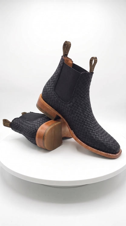 Besserro Men’s Black Petatillo Woven Leather Ankle Boots, Western Chelsea Style Square Toe Botines