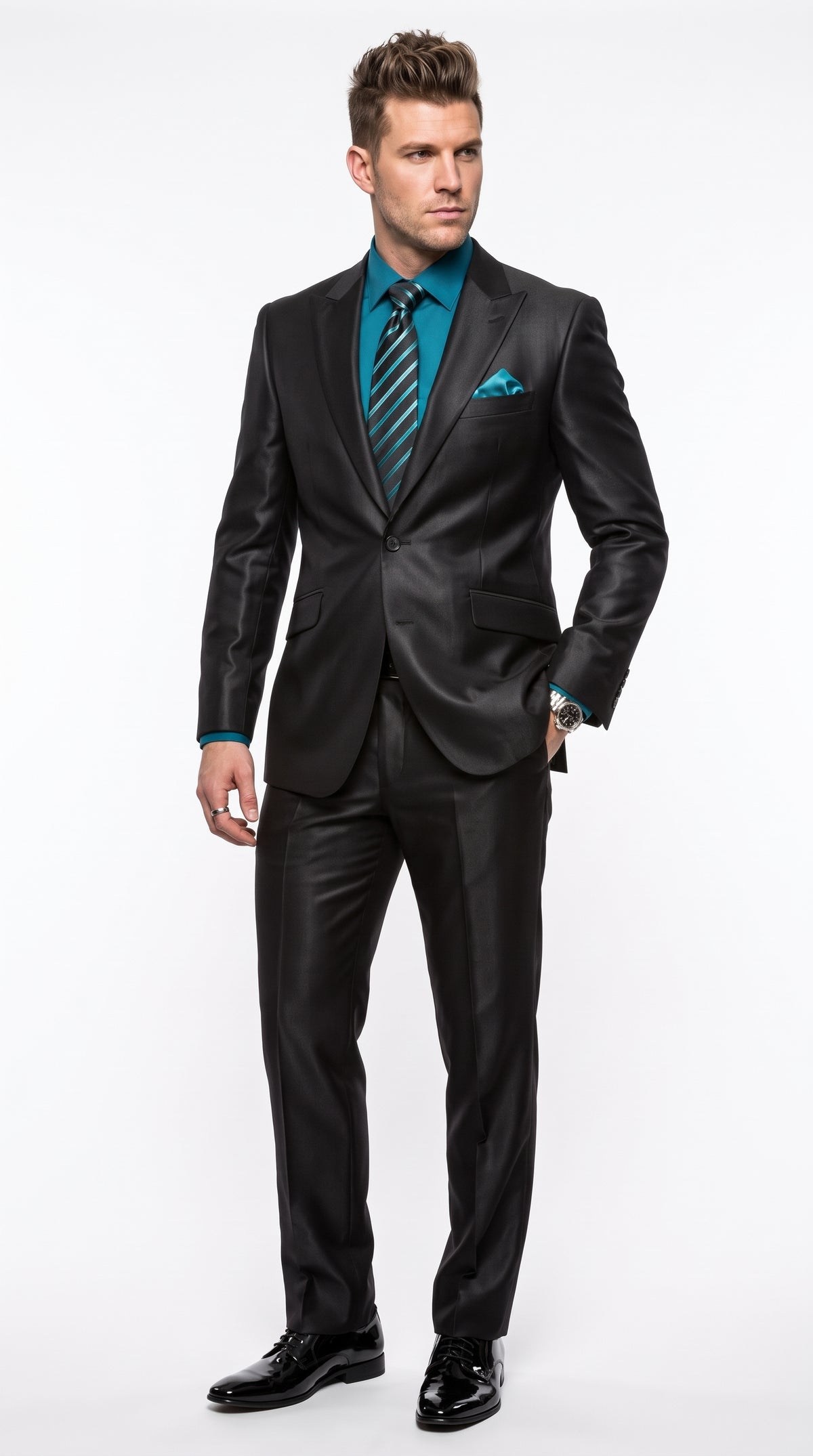 Men’s Black Sharkskin 1 Button Suit, Modern Fit Peak Lapel Wool Blend Formal Dress Suit