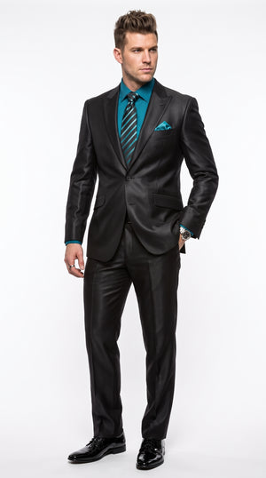 Men’s Black Sharkskin 1 Button Suit, Modern Fit Peak Lapel Wool Blend Formal Dress Suit