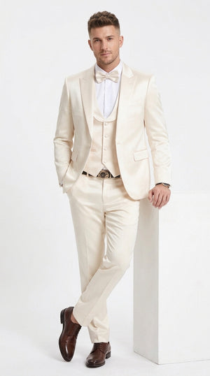 Men’s Champagne Shiny Satin Sharkskin 3 Piece Suit, One Button Modern Fit Wedding Prom Suit