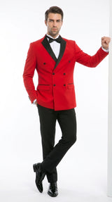 Men’s Red Double Breasted Tuxedo – Black Peak Lapel Prom & Wedding Suit