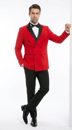 Men’s Red Double Breasted Tuxedo – Black Peak Lapel Prom & Wedding Suit
