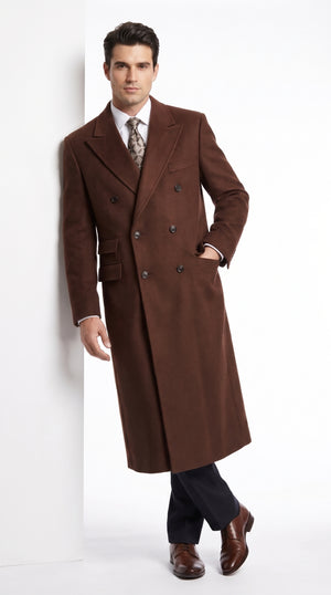Men’s Dark Brown Double Breasted Long Overcoat, Classic 6 Button Fully Lined Formal Winter Dress Coat