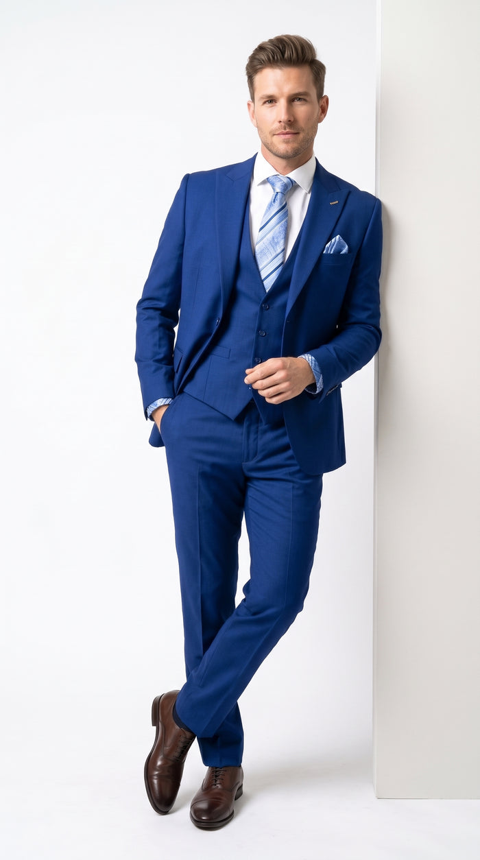 Men’s Royal Blue 3 Piece Vested Suit, 2 Button Peak Lapel Formal Wedding Prom Business Suit