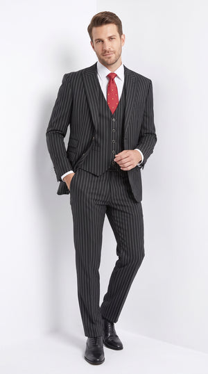 Men’s Black 1920s Bold Pinstripe Suit, Big and Tall Vintage 3 Piece Gangster Prom Suit
