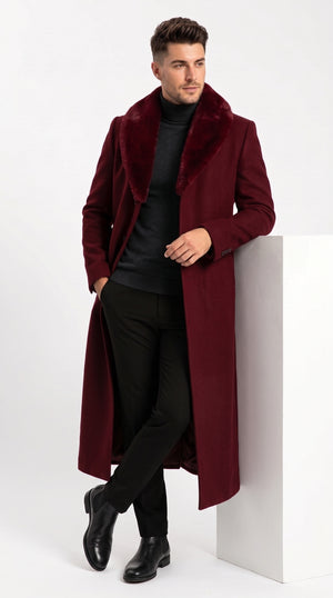 Men’s Burgundy Wool Overcoat, Maroon Long Winter Dress Topcoat with Fur-Style Collar