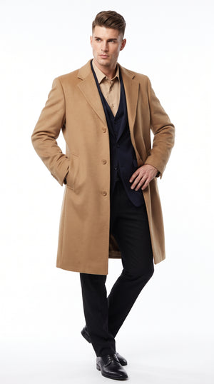 Men’s Camel Cashmere Blend Full Length Overcoat, Luxury Winter Dress Topcoat