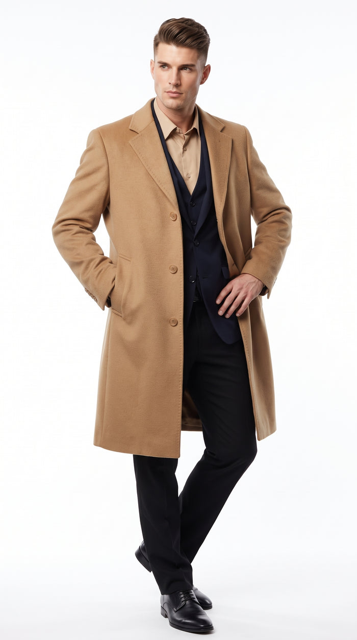 Men’s Camel Cashmere Blend Full Length Overcoat, Luxury Winter Dress Topcoat