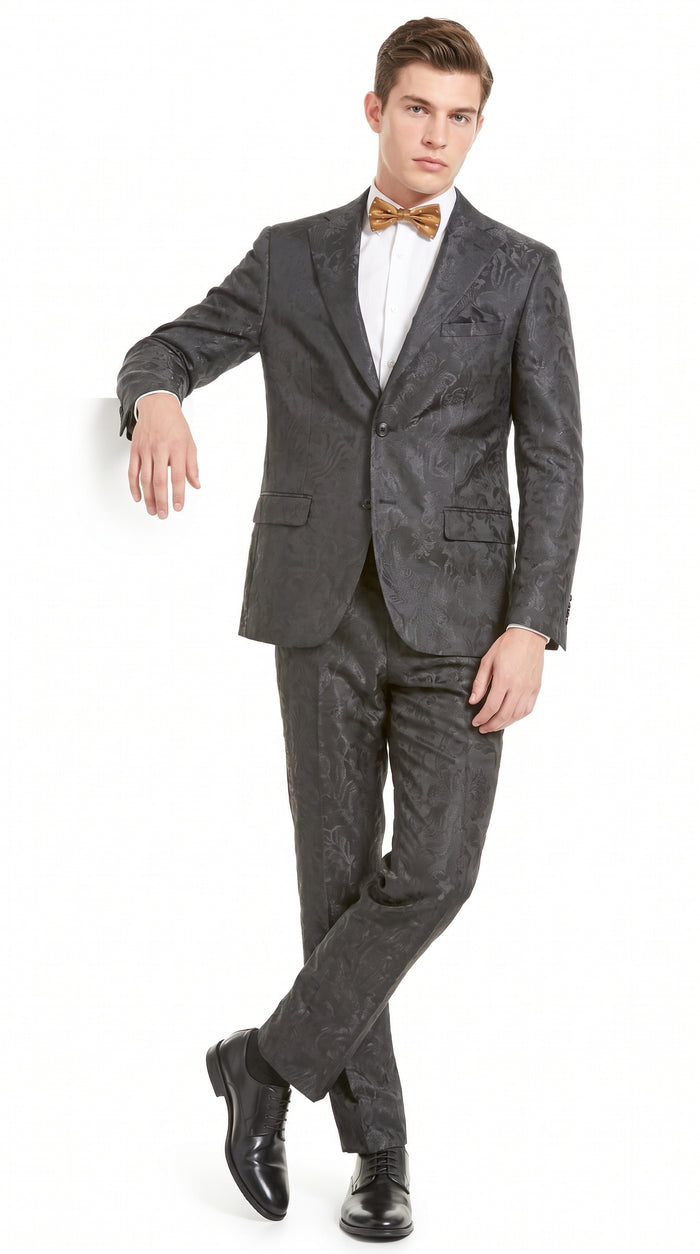 Men’s Black Paisley Floral Suit – 2-Piece Wedding & Prom Formal Suit