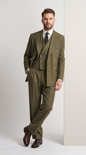 Tiglio Rosso Men’s Olive Classic Fit Wool Suit, Super 150s Wide Leg 3 Piece Suit with Vest