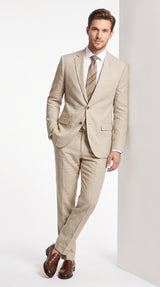 Men’s Beige Linen Suit, Lightweight 2 Button Prom Wedding Summer Suit