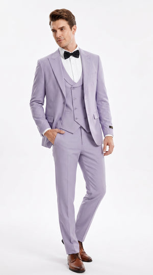 Men’s Lavender Modern Fit 3 Piece Suit, Two Button Vested Peak Lapel Graduation Wedding Prom Suit